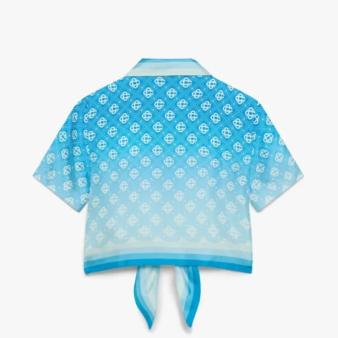 Blå gradient-monogram-knudet, kort silke-skjorte Blå gradient-monogram-knudet, kort silke-skjorte
