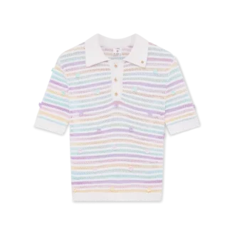 Blomsterstribet bomulds-hæklet Poloshirt