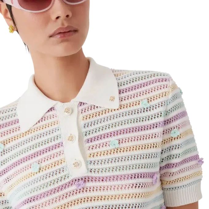 Blomsterstribet bomulds-hæklet Poloshirt