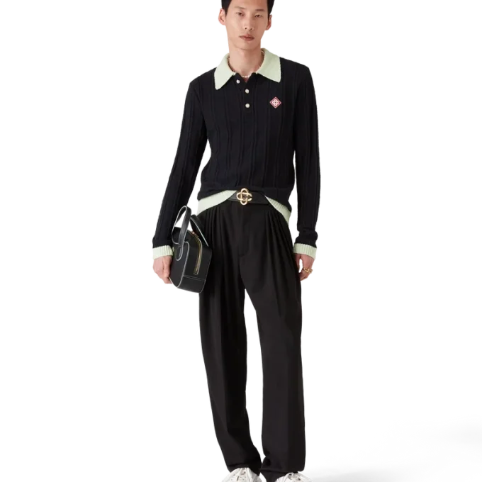Bouclé-poloskjorte med lange ærmer