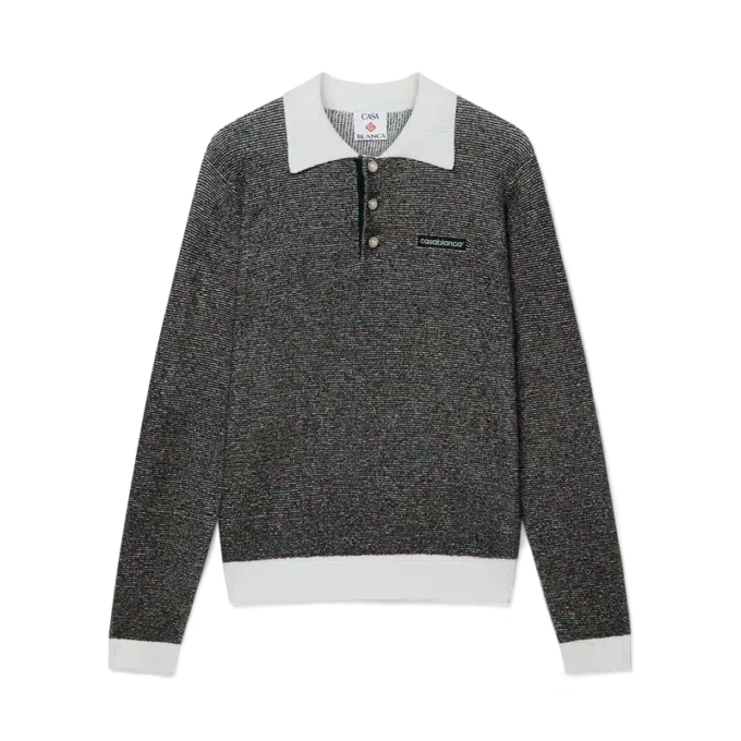 Bouclé-stribet langærmet poloshirt