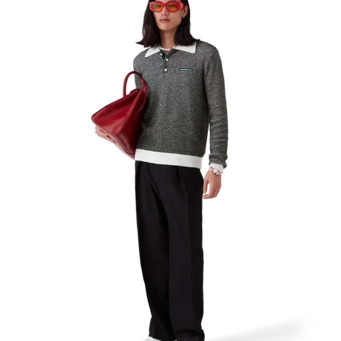 Bouclé-stribet langærmet poloshirt