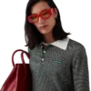 Bouclé-stribet langærmet poloshirt