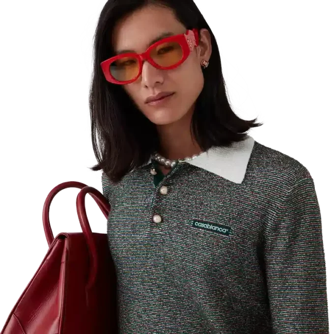 Bouclé-stribet langærmet poloshirt