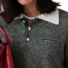 Bouclé-stribet langærmet poloshirt