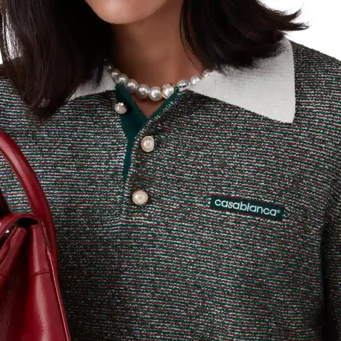Bouclé-stribet langærmet poloshirt