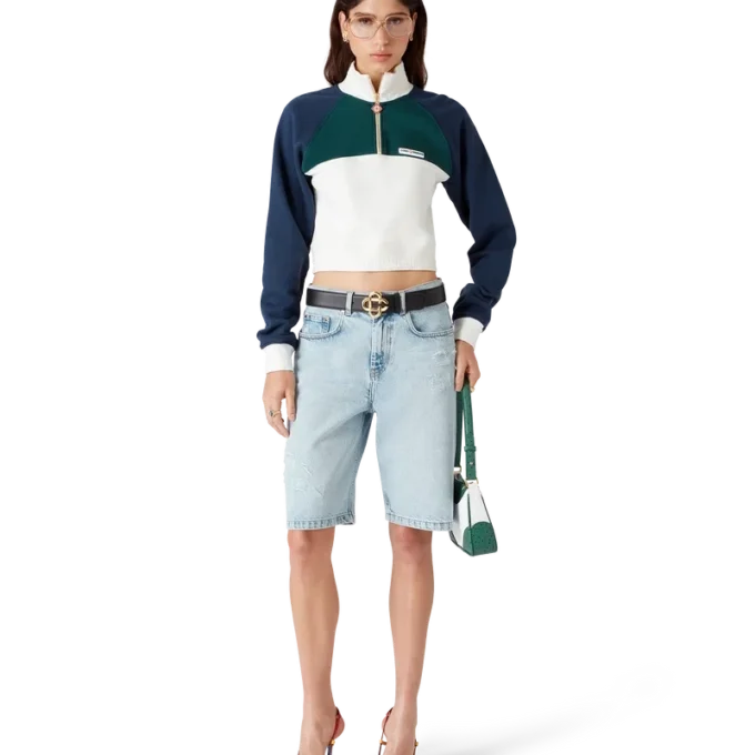 Farveblokket kort sweatshirt med kvartlængde lynlås