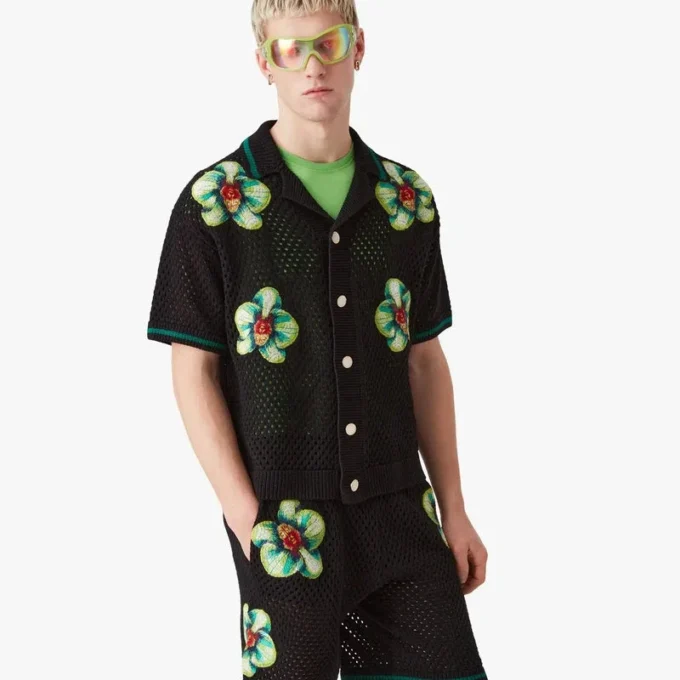 Glitch Orchid broderet kortærmet hæklet skjorte