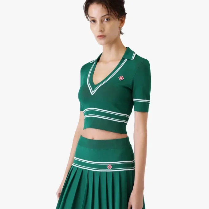 Grøn, kort strikket poloshirt