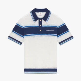 Hvid og blå stribet mesh-poloshirt med korte ærmer