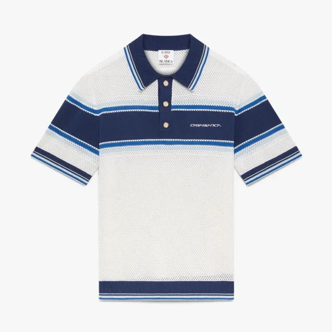 Hvid og blå stribet mesh-poloshirt med korte ærmer