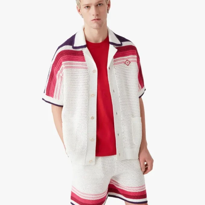 Hvid stribet kortærmet poloshirt