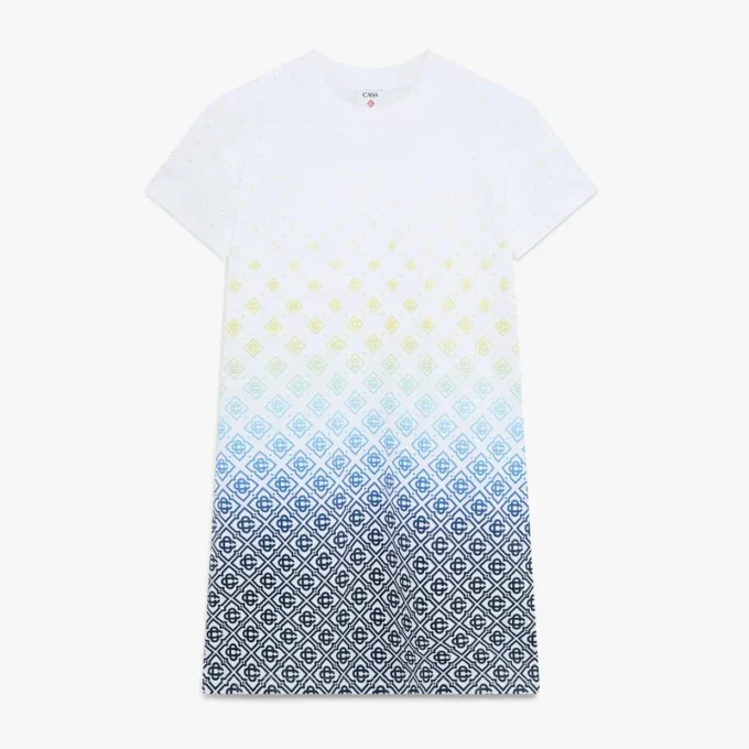 Hvid T-shirt-kjole med monogram i farveovergang