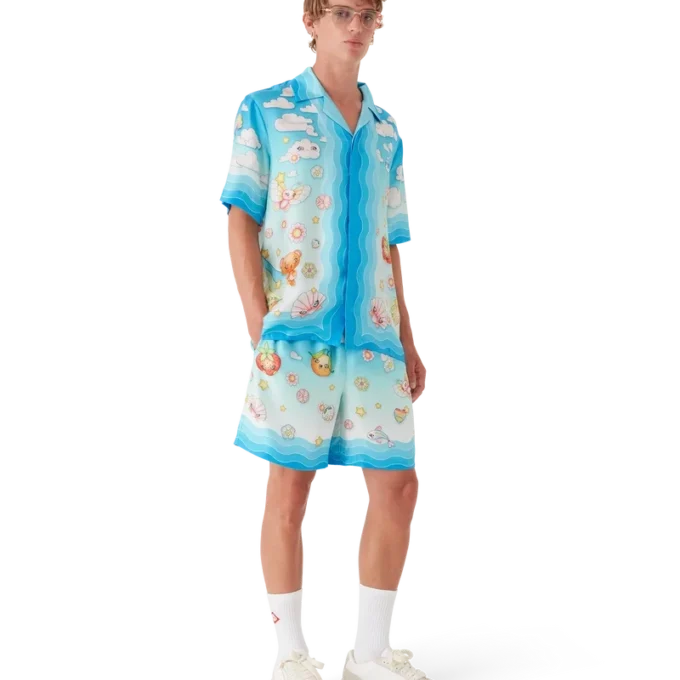 Kawaii-motivet kortærmede shorts i silketwill