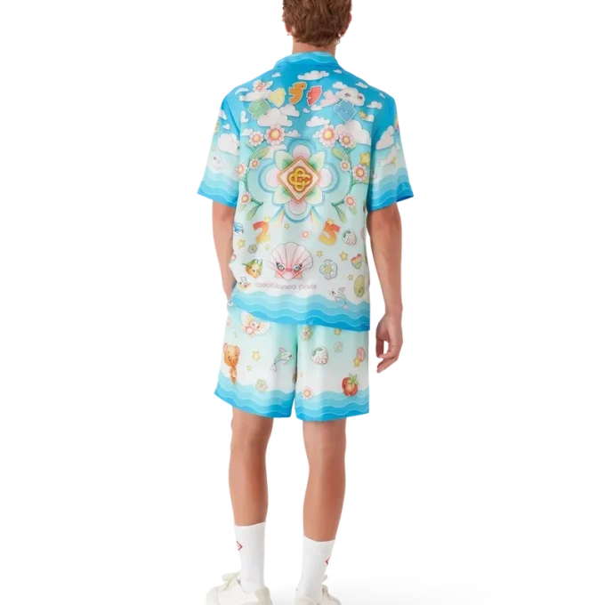 Kawaii-motivet kortærmede shorts i silketwill