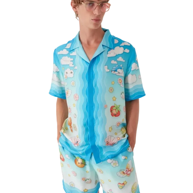 Kawaii-motivet kortærmede shorts i silketwill
