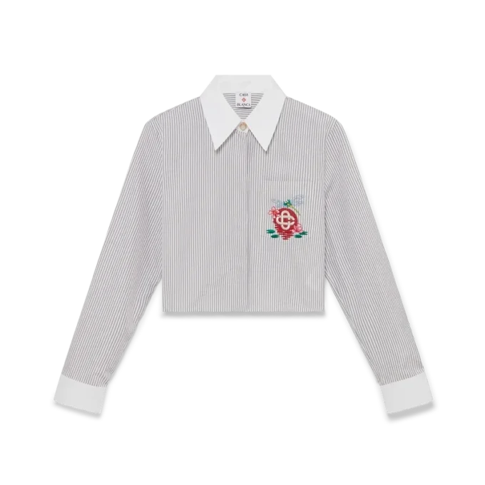 Kort skjorte i bomuld med nålestriber og broderi