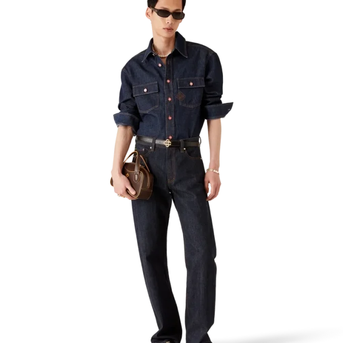 Kortærmet denimskjorte med broderet logo