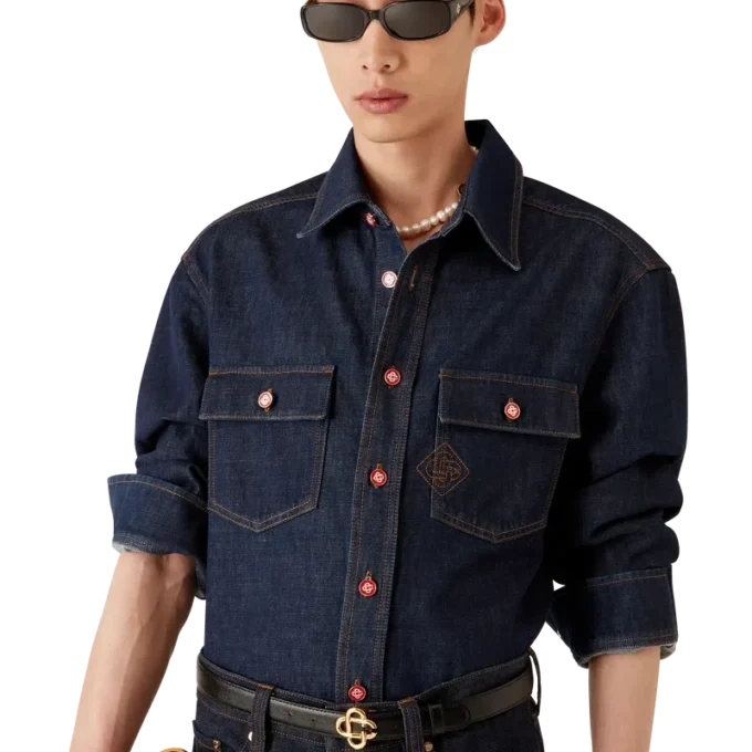 Kortærmet denimskjorte med broderet logo