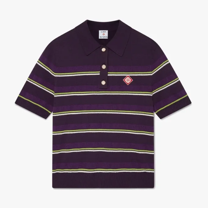 Lilla og grøn stribet tætsiddende poloshirt