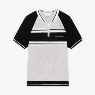 Metallisk mesh-stribet poloshirt med lynlås og korte ærmer