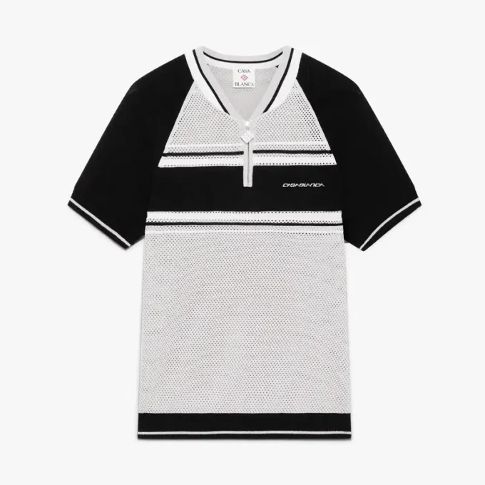 Metallisk mesh-stribet poloshirt med lynlås og korte ærmer