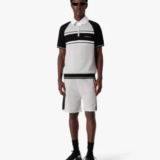 Metallisk mesh-stribet poloshirt med lynlås og korte ærmer