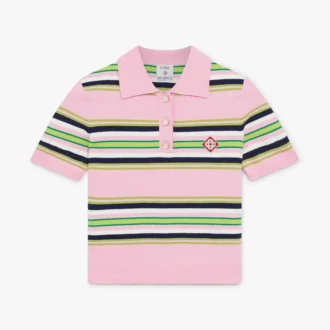 Pink og grøn stribet tætsiddende poloshirt