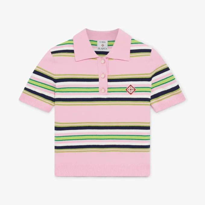 Pink og grøn stribet tætsiddende poloshirt