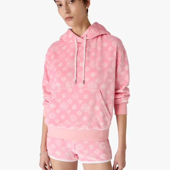 Pink velour-sweatshirt med hætte og monogram Pink velour-sweatshirt med hætte og monogram