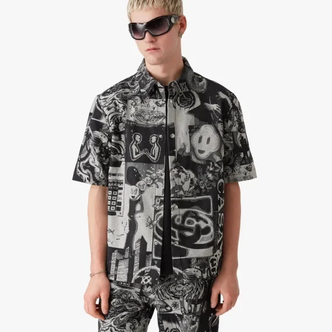 Rave Collage kortærmet denimskjorte i shorts