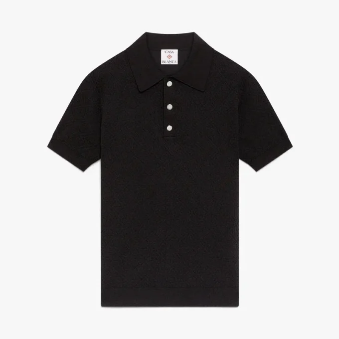 Sort kortærmet poloshirt med pointelle-monogram Sort kortærmet poloshirt med pointelle-monogram
