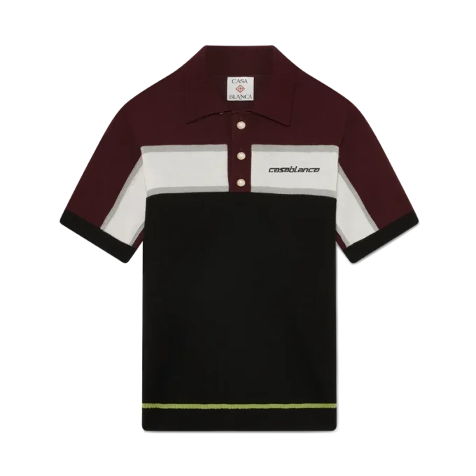 Stribet merino-strikket poloshirt Stribet merino-strikket poloshirt