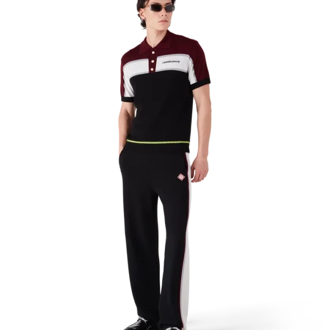 Stribet merino-strikket poloshirt Stribet merino-strikket poloshirt